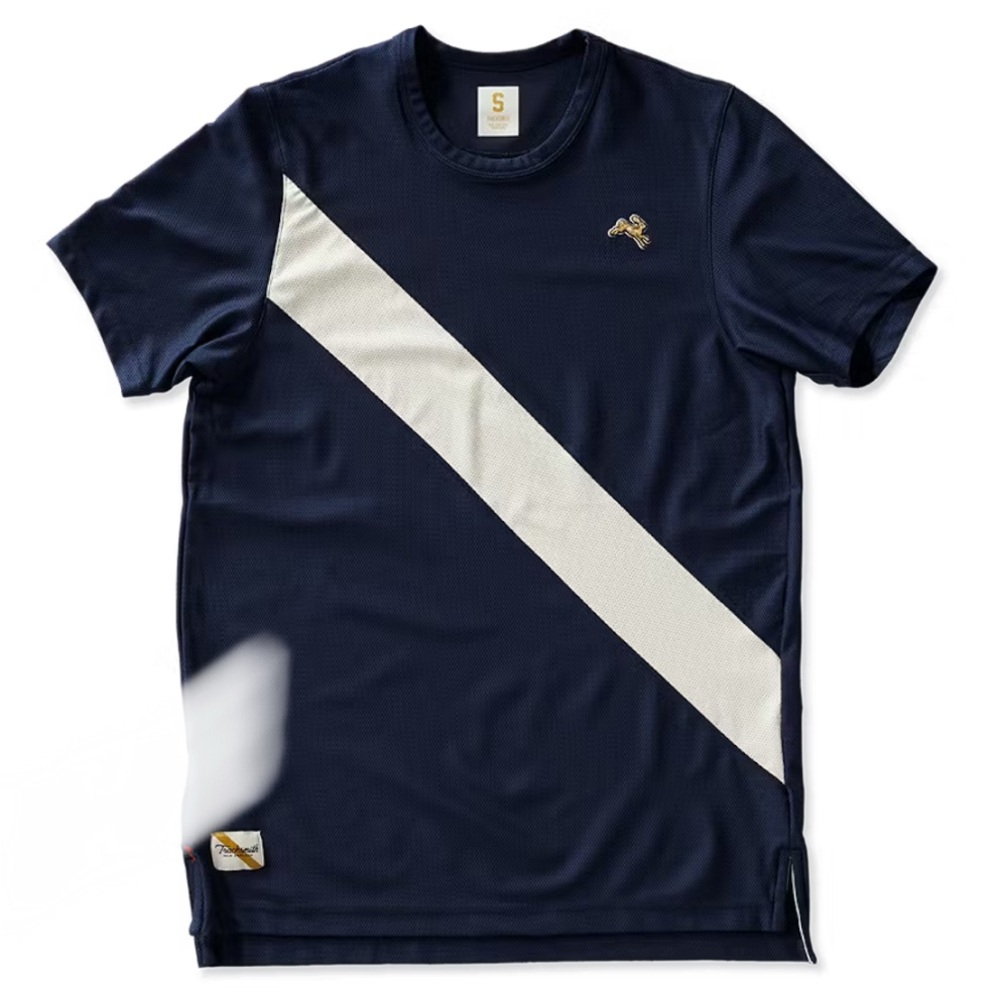 Tracksmith Men's Van Cortlandt Diagonal Sash Performance Tee in Navy Size XS